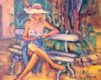 Marie lisant sur le vieux banc